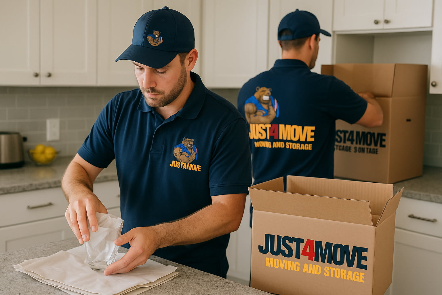 JUST4MOVE professional moving team in branded uniforms